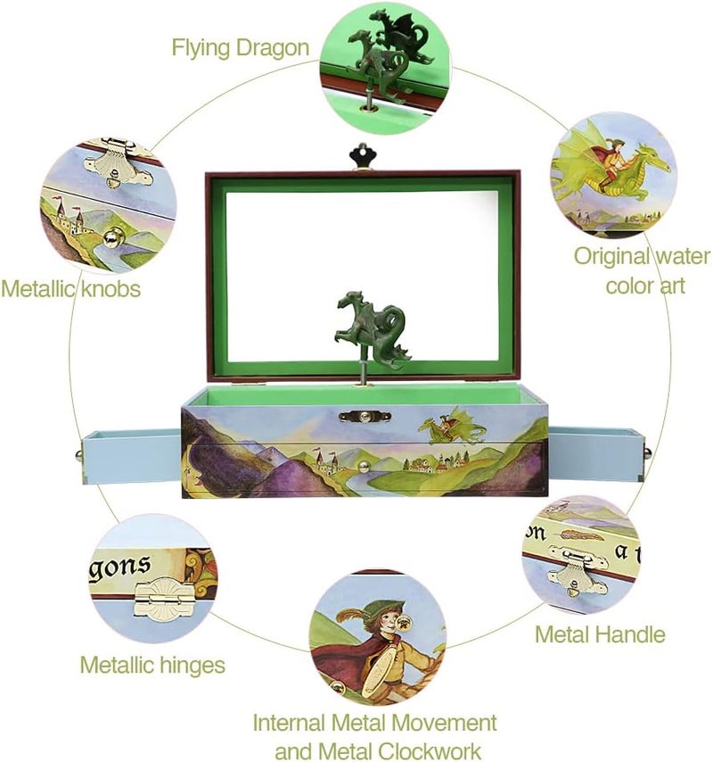 Enchantmints Dragon Boys Jewerly Box Spins to Music 3 Pullout Drawers Treasure Storage - Image 3